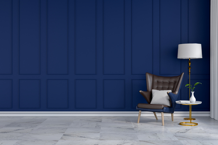 luxury modern room interior,blue lounge chair with white lamp on blue wall  /3d renderの写真素材