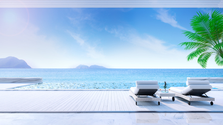 Relaxing summer,daybeds on Sunbathing deck and private swimming pool with near beach and panoramic sea view at luxury house /3d renderingの写真素材