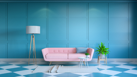 Retro modern interior  living room ,and summer style,Yellow lounge chair with white lamp on white and blue wall .3d renderの写真素材
