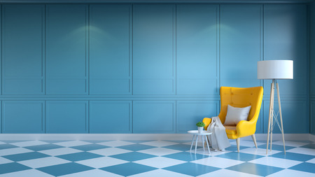 Retro modern interior  living room ,and summer style,Yellow lounge chair with white lamp on white and blue wall .3d renderの写真素材