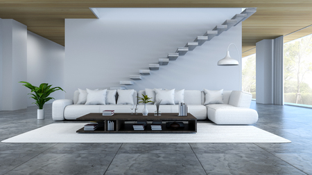 White room interior, white sofa and wood table on concrete floor white white wall /3d renderの写真素材