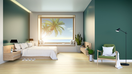 Modern and minimalist  interior of Bed room ,wood bed with green easychair on deep green wall and wooden floor with sea view,3d renderingの写真素材