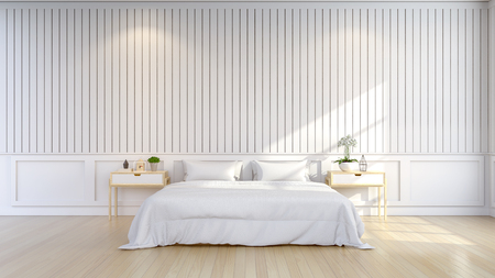 Minimalist and scandinavian Style , cozy Bedroom Interior, white room ,3d renderの写真素材