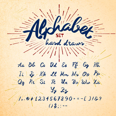 Hand drawn Alphabet. Vector Ink lettering font. Typographic design, Letters, Numbers, Symbols on Paper texture. Vector of Trendy Hipster Sunburst Design Elementsのイラスト素材