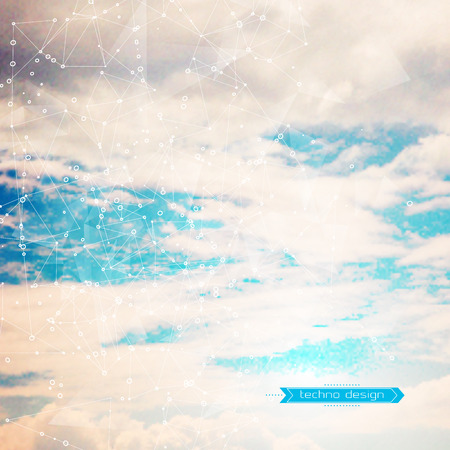 Abstract Geometric Polygonal Shape. Vector Science Background. Futuristic Technology Background. Connecting Dots and Lines Structure. Clouds Heavens Backgroundのイラスト素材