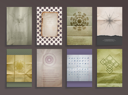 Set of Textured Vintage Paper Backgrounds. Logos. Vector Design Retro Templates Collection for Flyers, Banners and Posters.  Alphabet Handwriting inkのイラスト素材