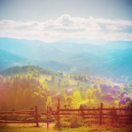 Fairy Tale Forest in Retro Style. Paper Vintage Textured. Mountain Landscape, Nature backgroundの写真素材