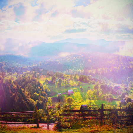 Fairy Tale Forest in Retro Style. Paper Vintage Textured. Mountain Landscape, Nature backgroundの写真素材