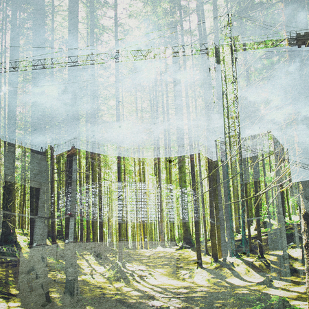 Fantasy Ecology Abstract Background. Urban Landscape Mixed with the Natural on Paper Texture. Vintage Retro Styleの写真素材