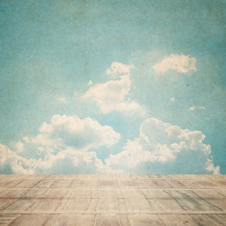 wooden floor with sky backgroundの写真素材