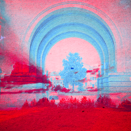Fantasy Ecology Abstract Background. Urban Landscape Mixed with the Natural on Paper Texture. Vintage Retro Styleの写真素材