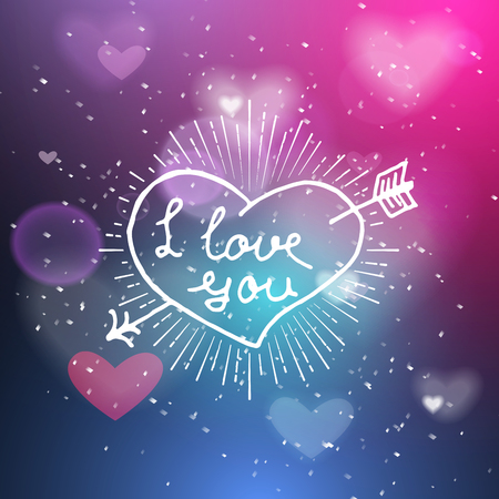 I love you hand written lettering positive quote, calligraphy poster vector illustration. Valentines Day Card Calligraphy. Background in show. Vector interior shined with a projectorのイラスト素材