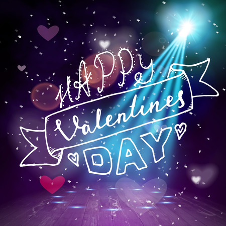 Happy valentines day hand written lettering positive quote, calligraphy poster vector illustration. Valentines Day Card Calligraphy. Background in show. Vector interior shined with a projectorのイラスト素材