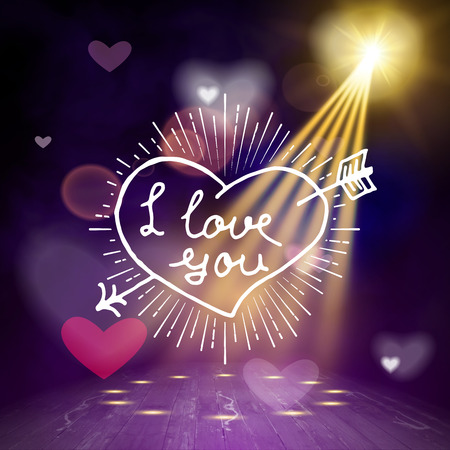 I love you hand written lettering positive quote, calligraphy poster vector illustration. Valentines Day Card Calligraphy. Background in show. Vector interior shined with a projectorのイラスト素材