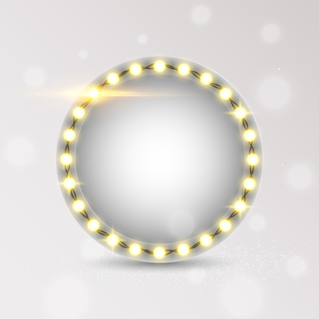 Glowing lights retro frame for advertising design. Special light effects. Colorful stage lights background. Vector Background show. Studio backdrop with confetti. Illuminated round realistic banner.のイラスト素材