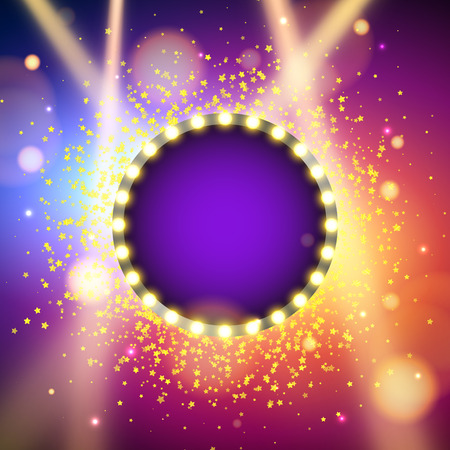 Glowing lights retro frame for advertising design. Special light effects. Colorful stage lights background. Vector Background show. Studio backdrop with confetti. Illuminated round realistic banner.のイラスト素材