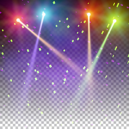 Special light effects. Realistic vector bright projectors for scene lighting isolated on plaid backdrop. Colorful stage lights background. Background show carnival. Studio backdrop with confettiのイラスト素材
