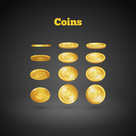 Gold coins falling down. Coin icon with shadows. Isolated on black. 3d realistic vector, eps 10のイラスト素材