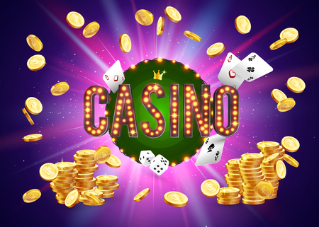 The word Casino, surrounded by a luminous frame and attributes of gambling, on a explosion background. The new, best design of the luck banner, for gambling, casino, poker, slot, roulette or bone.のイラスト素材