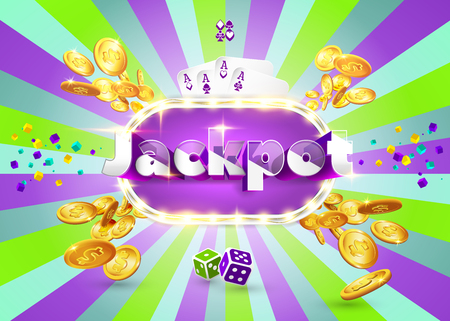 The word Jackpot, surrounded by a luminous frame and attributes of gambling, on a pink and green retro background. The luck banner, for gambling, casino, poker, slot, roulette or bone.のイラスト素材