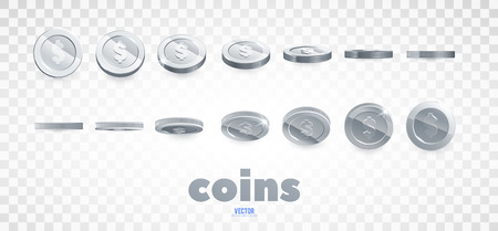 A set of silver coins. Realistic ten coins from different angles of view. Isolated on white. For your online casino designのイラスト素材