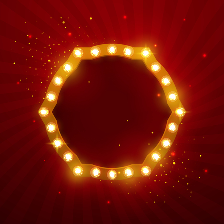 Glowing lights retro frame for advertising design. Special light effects. Vintage stage lights backdrop. Vector Background show. Illuminated round realistic banner. 3Dのイラスト素材