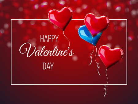 Valentine's day abstract background with red 3d heart-shaped balloons. Happy Valentine's Day greeting letteringのイラスト素材