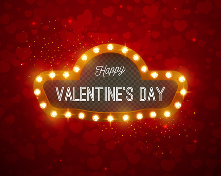 Vector holiday illustration. Happy Valentine's Day greeting lettering. Retro frame with light bulbs. Valentine's Day background.のイラスト素材