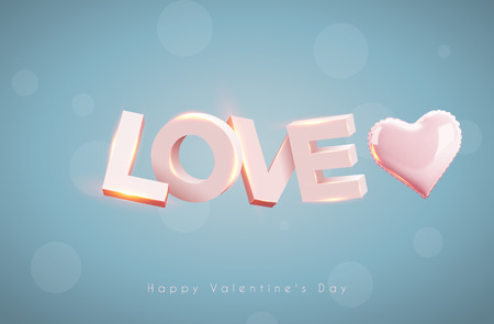 Modern 3d letters. The word love. Pink heart-shaped balloon.  Happy Valentine's Dayのイラスト素材