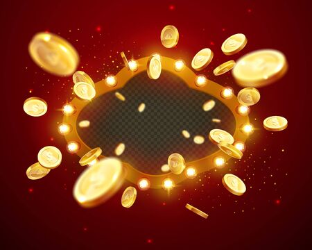 Vector illustration of an explosion of gold coins in a retro frame. Vintage frame with incandescent lamps. Background for the casino.のイラスト素材