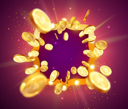Vector illustration of an explosion of gold coins in a retro frame. Vintage frame with incandescent lamps. Background for the casino.のイラスト素材
