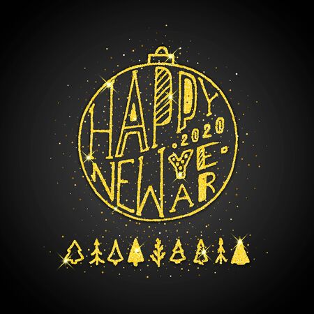Happy new year. Gold text in a retro frame on dark backgroundのイラスト素材