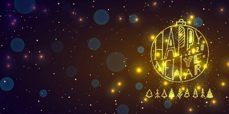Happy new year. Gold text in a retro frame on dark backgroundのイラスト素材