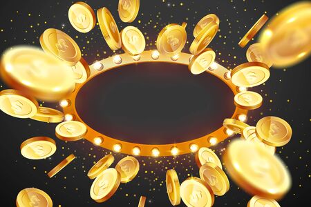 Vector illustration of an explosion of gold coins in a retro frame. Vintage frame with incandescent lamps. Background for the casino.のイラスト素材