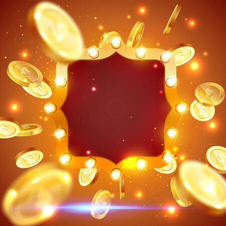 Vector illustration of an explosion of gold coins in a retro frame. Vintage frame with incandescent lamps. Background for the casino.のイラスト素材