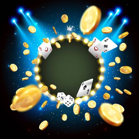 Vector illustration of an explosion of gold coins in a retro frame. Vintage frame with incandescent lamps. Background for the casino.のイラスト素材