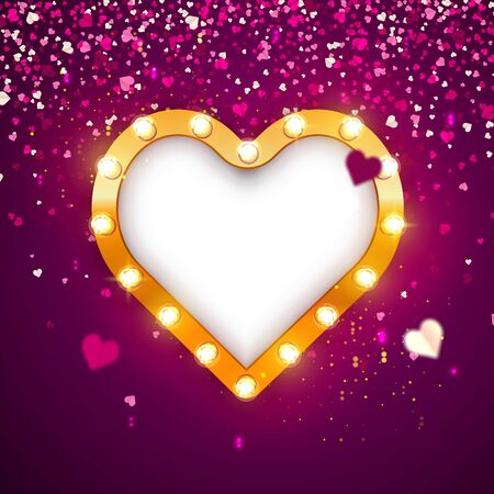 Retro heart-shaped frame with vintage incandescent lamps. Background of flying paper little hearts. Vector illustration. Valentines day backdrop.Confetti hearts on a pink background. Valentine's Day.のイラスト素材