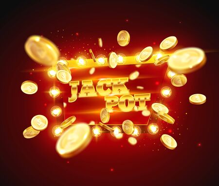 The word Jack Pot, surrounded by a luminous frame on a coins explosion background. The new, best design of the luck banner, for gambling, casino, poker, slot, roulette or bone.のイラスト素材