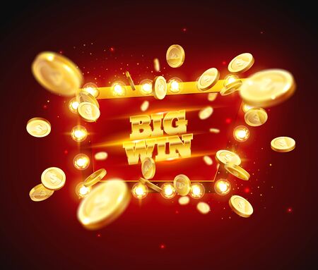 The word Big Win, surrounded by a luminous frame on a coins explosion background. The new, best design of the luck banner, for gambling, casino, poker, slot, roulette or bone.のイラスト素材