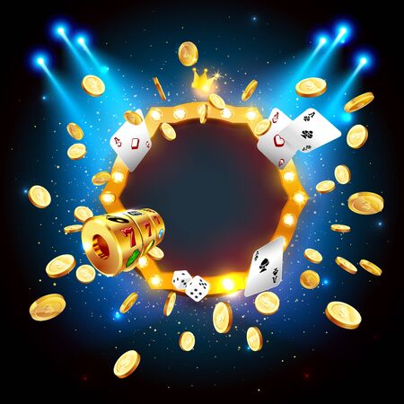 Vector illustration of an explosion of gold coins in a retro frame. Vintage frame with incandescent lamps. Background for the casino.のイラスト素材