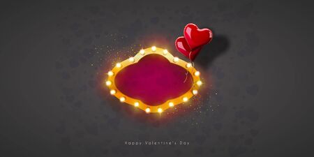 Retro frame with vintage incandescent lamps on red background. Flying heart shaped balloons. Valentines day.のイラスト素材