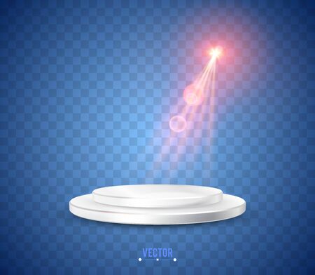 Empty round pedestal or platform illuminated by spotlights. Stage with scenic lights. Realistic 3D podium on transparent background. Vector illustration.のイラスト素材