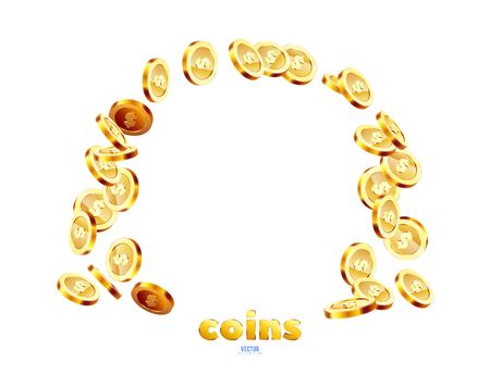 Realistic Gold coins falling down. Isolated on white background.のイラスト素材