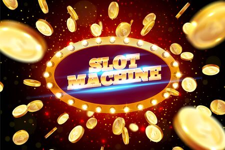 The gold word slot mashine, surrounded by retro frame, on a explosion coins background. The new, best design of the luck banner, for gambling, casino, poker, slot, roulette or bone.のイラスト素材