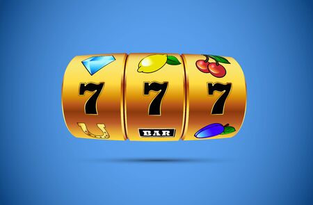 Vector illustration slot machine with lucky three sevens jackpot in realistic style on blue backgroundのイラスト素材