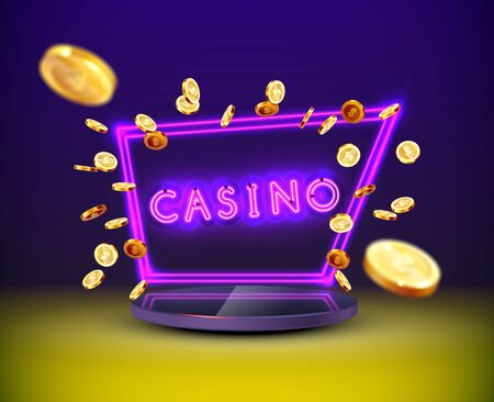 The blue neon word Casino on background of an explosion of coins and neon frame on round podium. Vector illustration.のイラスト素材