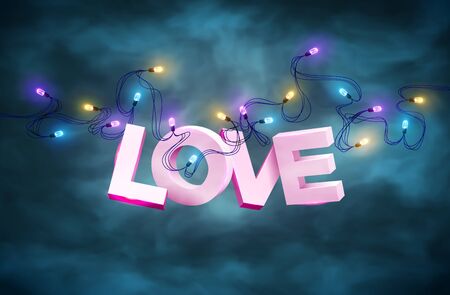 Vector illustration of the word love with a Luminous Garlands. Realistic 3D design for Valentine's Day. Modern 3d letters. Holiday illustration on a smoke background.のイラスト素材