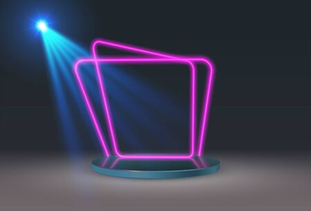 An empty round pedestal or platform with a neon frame illuminated by spotlights. Realistic 3D podium on a show background.のイラスト素材