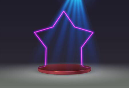 An empty round pedestal or platform with a neon frame illuminated by spotlights. Realistic 3D podium on a show background. Vector illustrationのイラスト素材