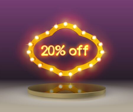 Bright neon 20% off sign on background round podium and retro frame illuminated by spotlights.のイラスト素材